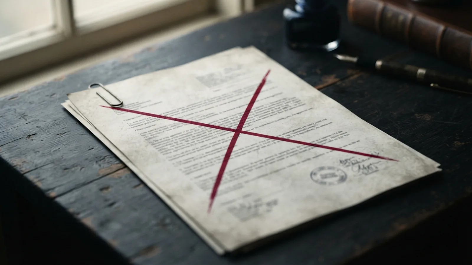 Legal document marked as revoked lying on a dark office desk