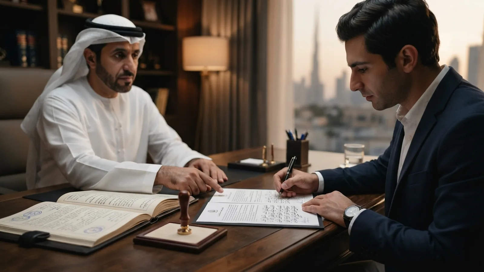 Bilingual Arabic and English legal document being signed at a notary desk in Dubai