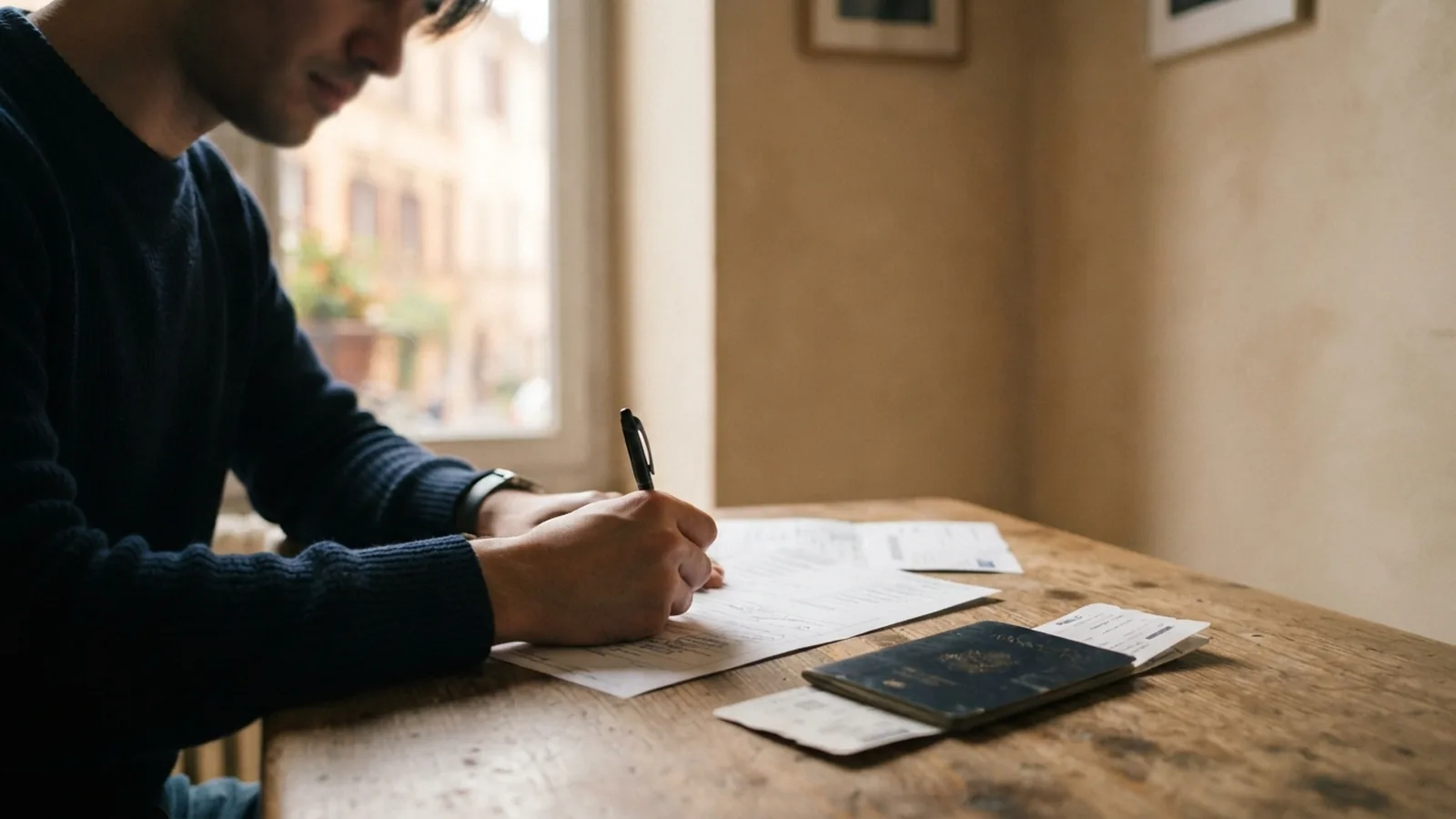 Client signing documents abroad for use in the UAE with a passport on the table