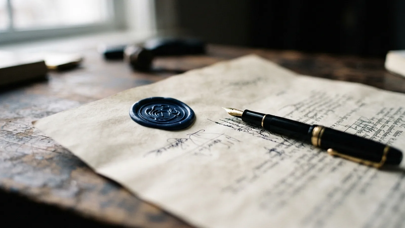 Notarised deed with ribbon and seal beside a fountain pen