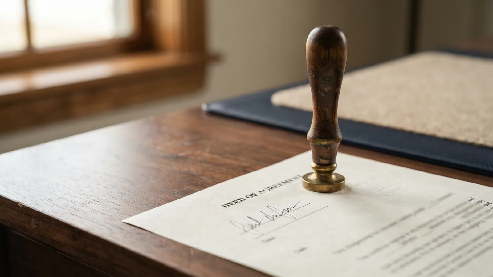 Notary stamp and signed deed on a dark office desk