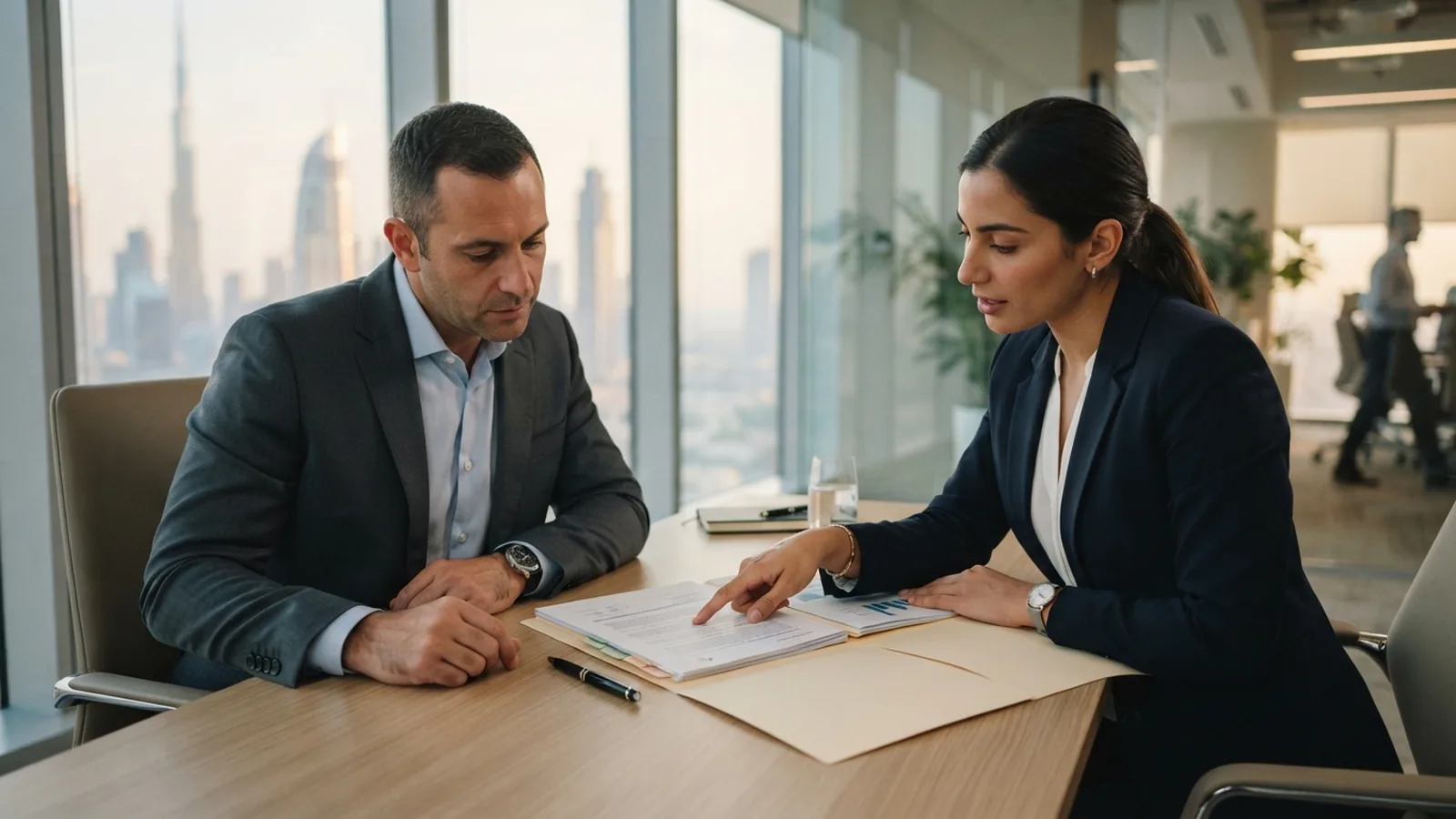 PRO consultant reviewing a Dubai company file with a client across an office desk