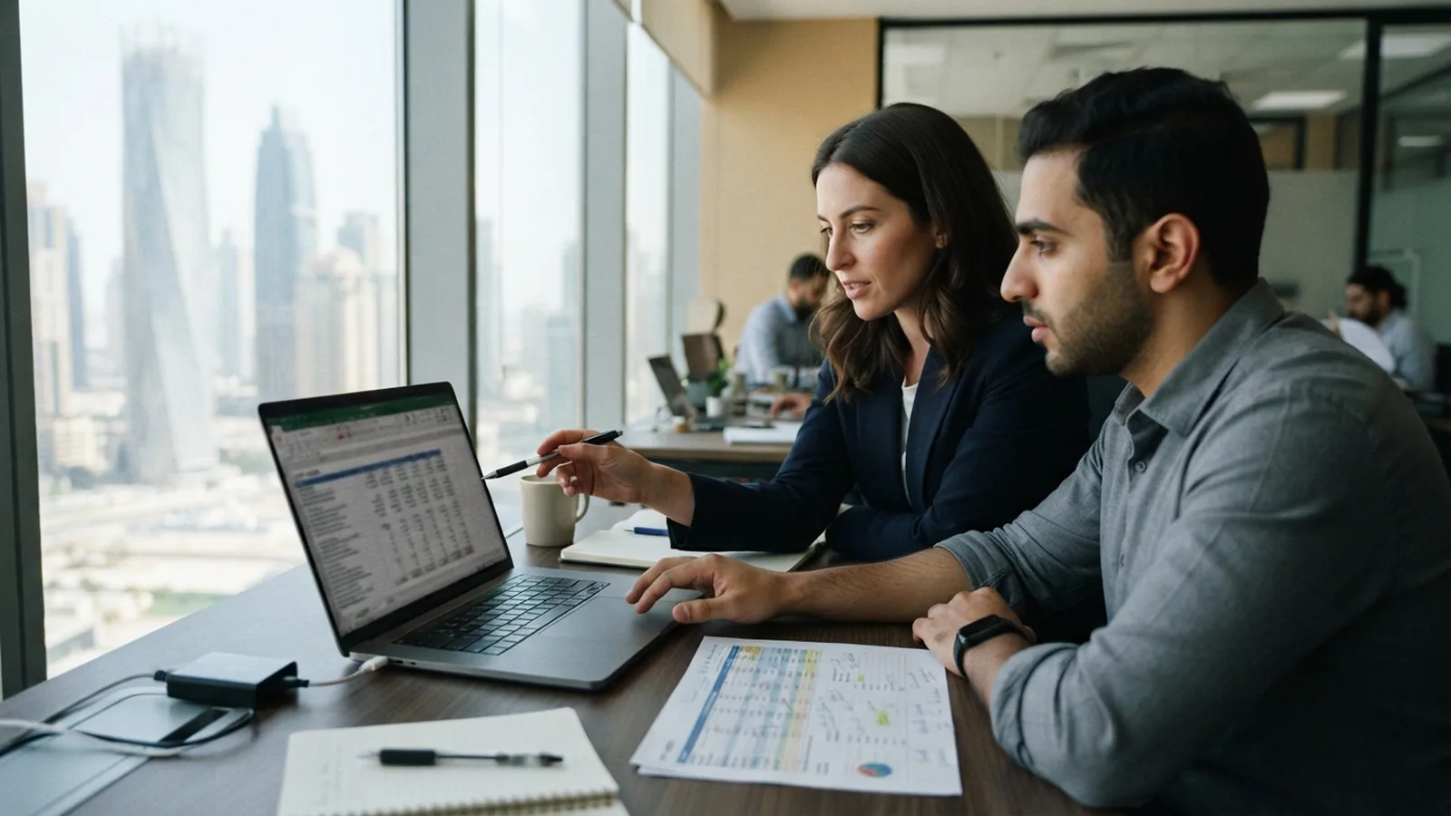 Two colleagues comparing staffing costs on a laptop in a Dubai office