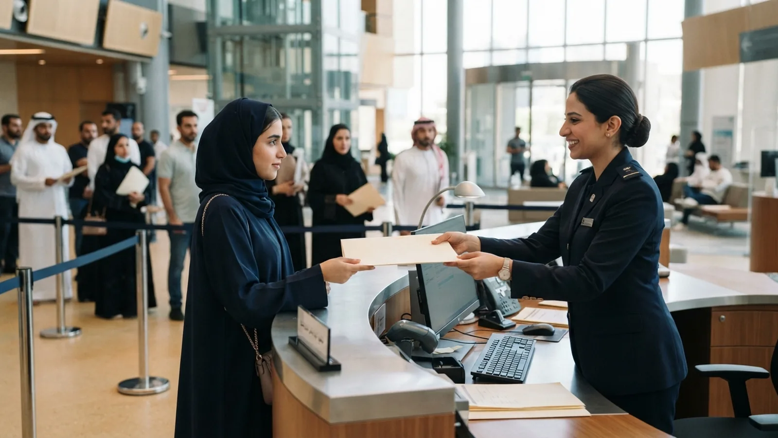 Government service centre counter in Dubai with an agent submitting an application