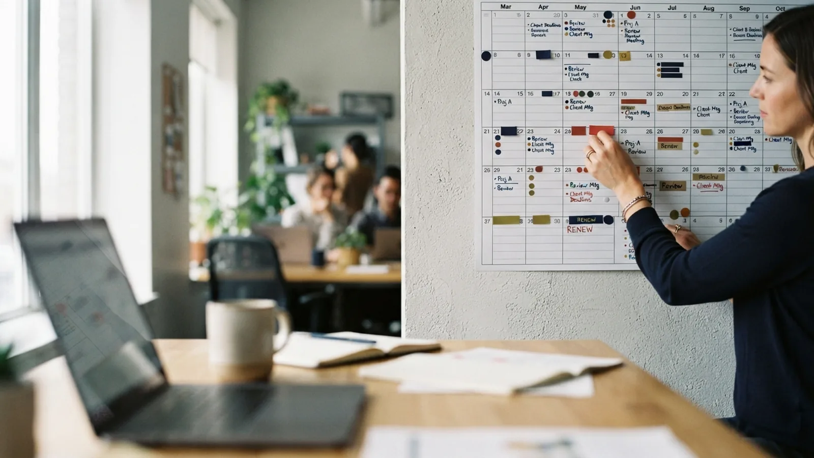 Wall planner marking UAE trade licence and visa renewal dates