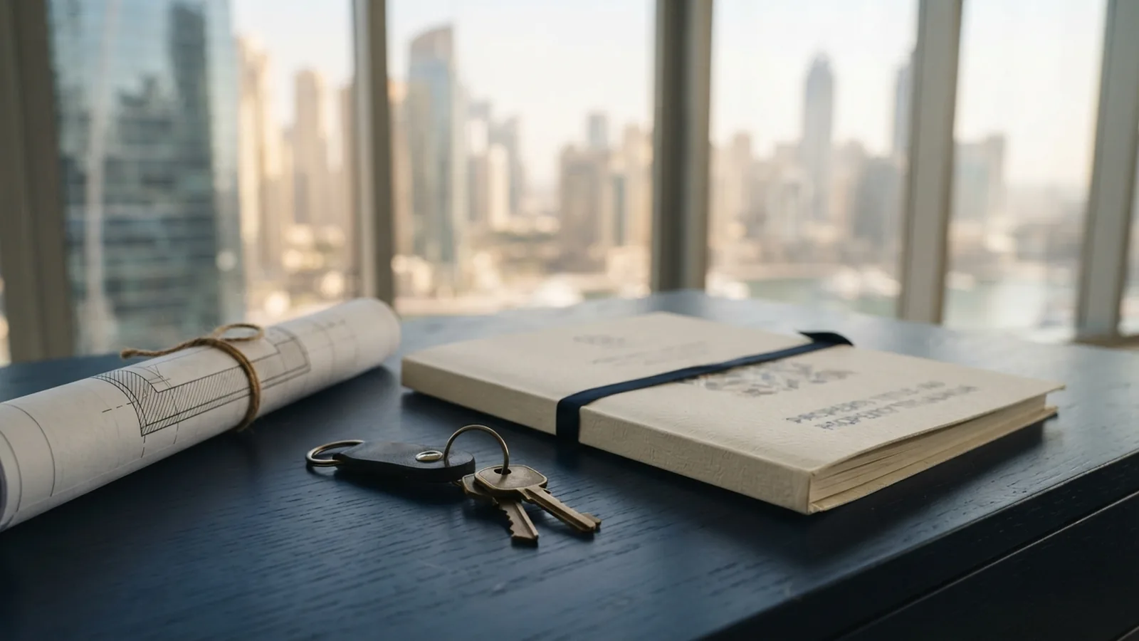 Title document and a set of brass keys on a desk with a rolled floor plan