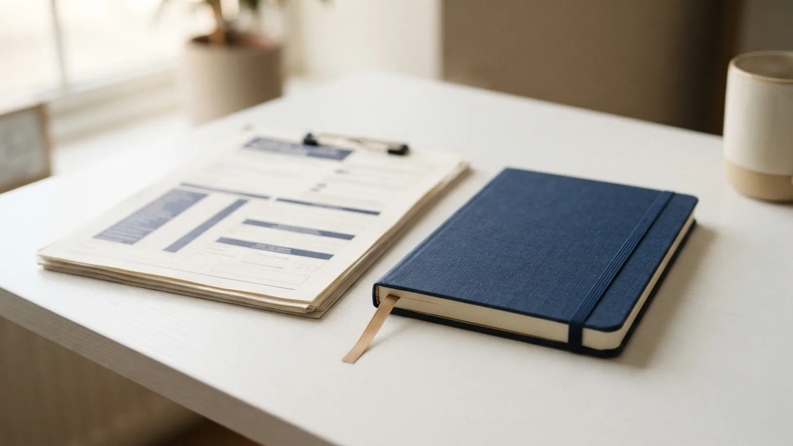 Licence paperwork and a hardback notebook on an uncluttered white desk