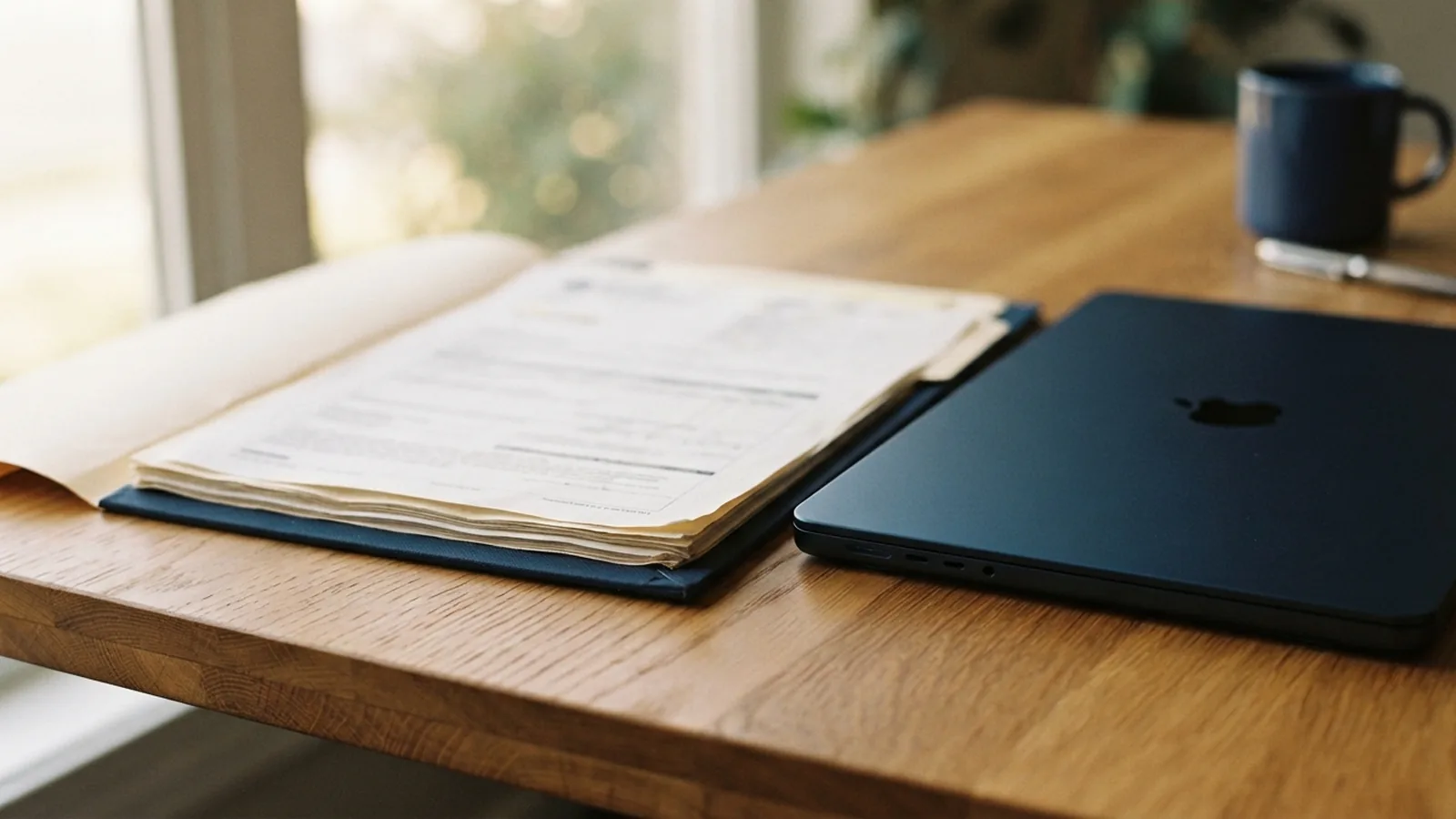 Company registration documents in an open folder beside a laptop