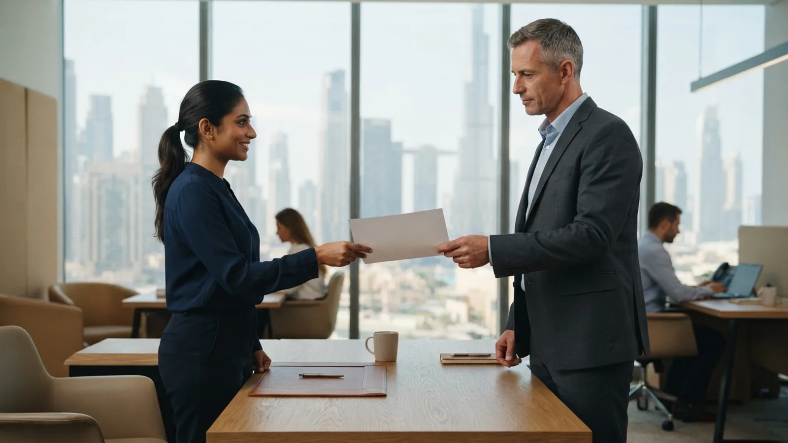 Employee handing a resignation letter to a manager in a Dubai office