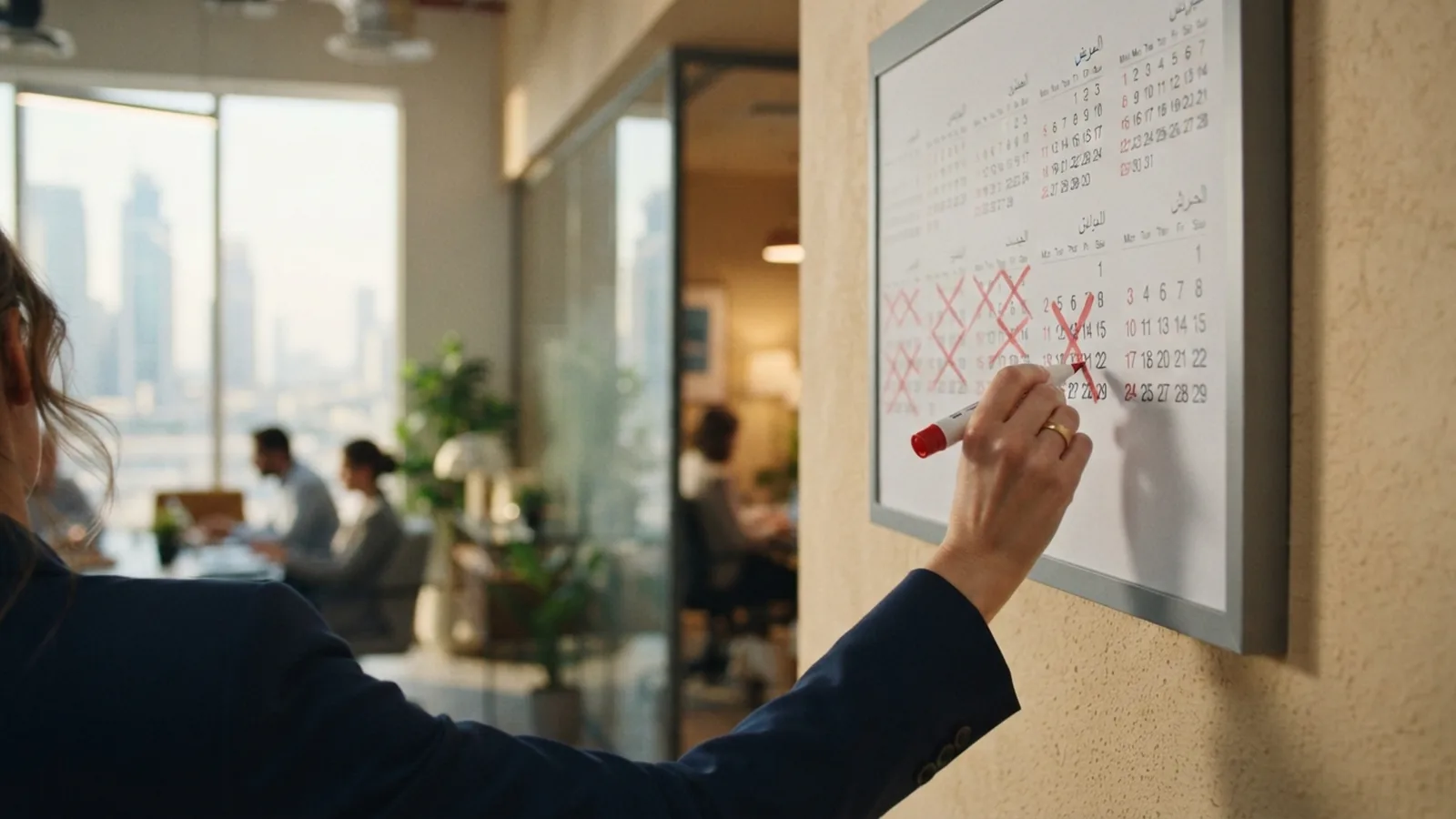 Person marking a grace period deadline on a wall calendar