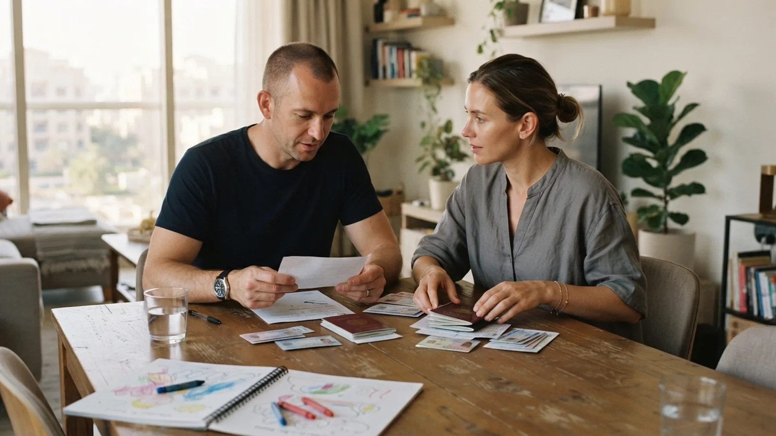 Family reviewing dependant visa transfer documents at a table in Dubai