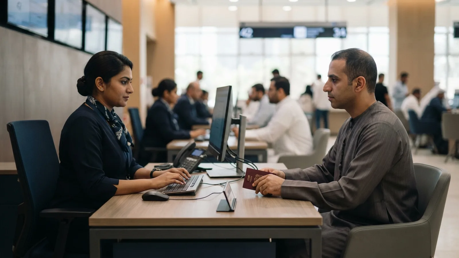 Applicant completing an in-country status change at an Amer service counter