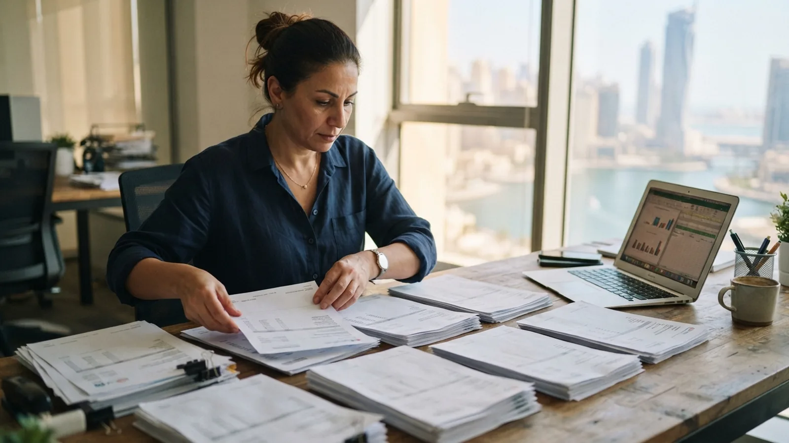 Business owner reviewing twelve months of sales invoices for a UAE VAT threshold test