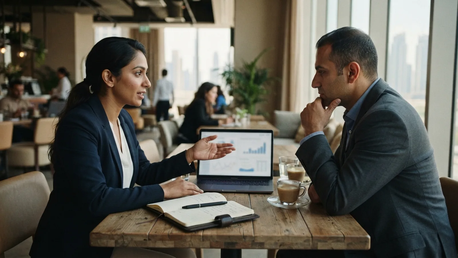 Two people discussing pricing and input VAT recovery over a laptop in Dubai