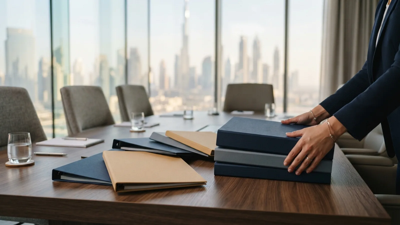 Group of company documents arranged on a desk for a UAE tax group application