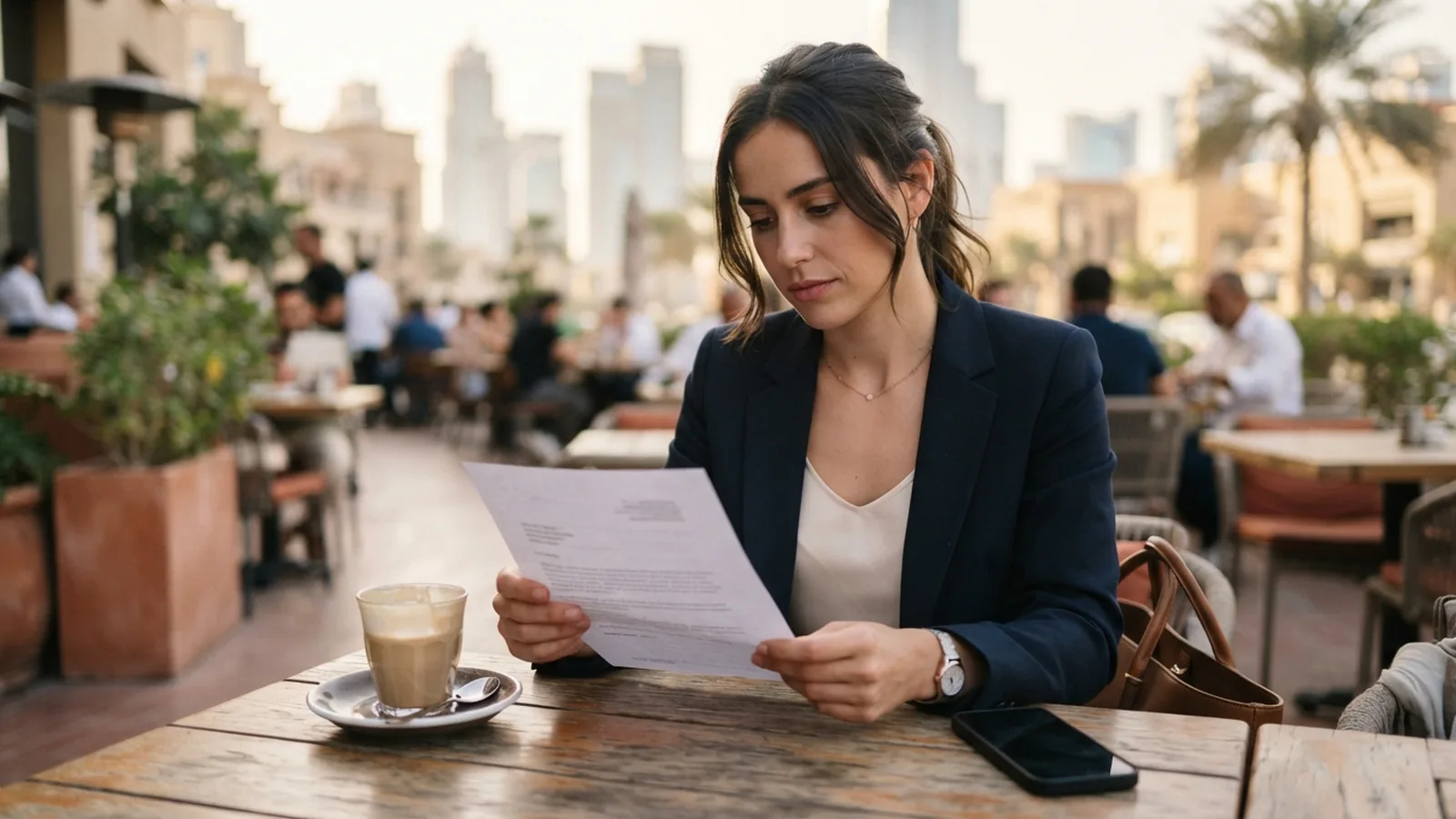 Job candidate reviewing an offer letter that will trigger a status change in Dubai