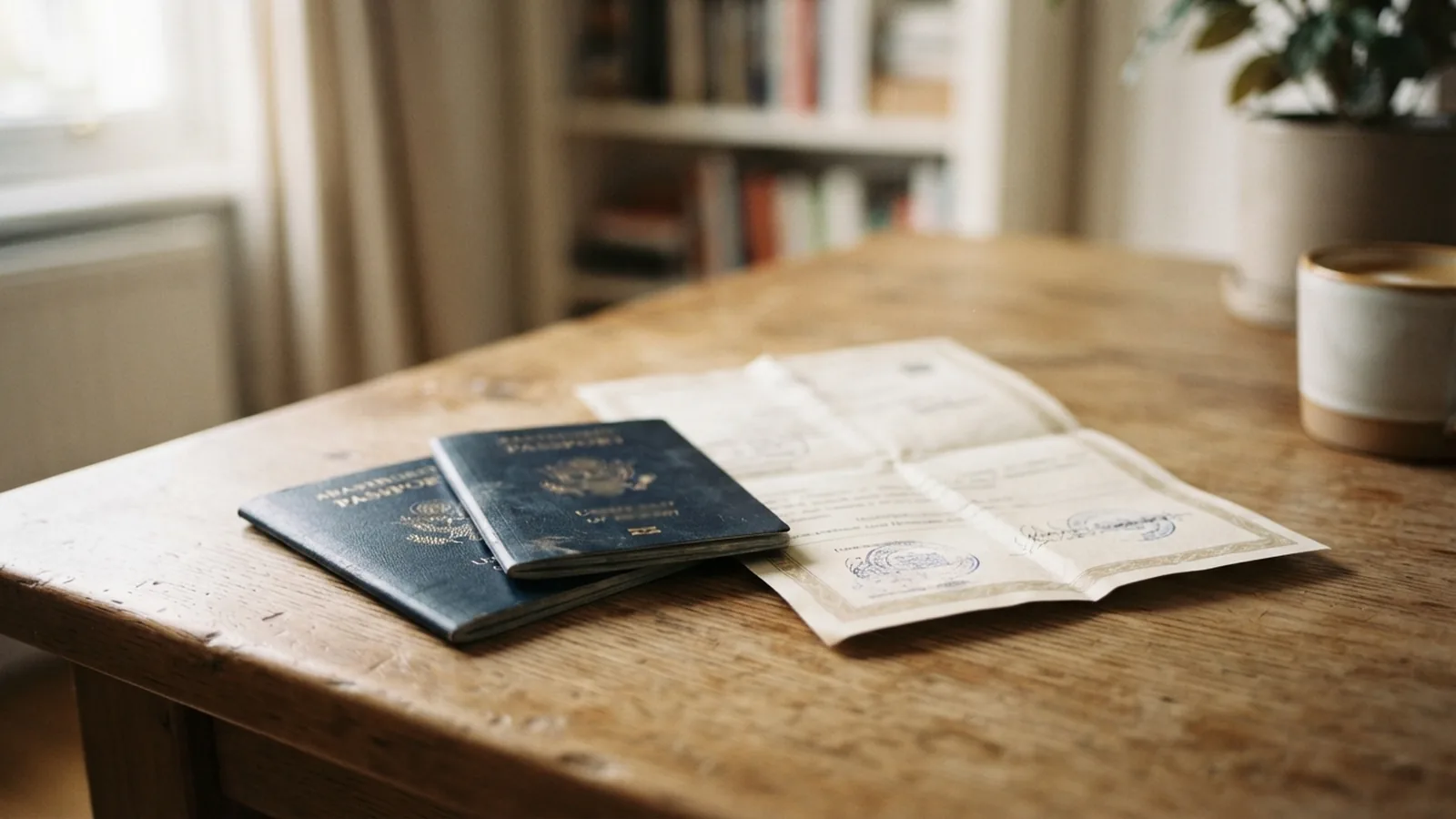 Two passports and a civil certificate on a table in a warm home setting