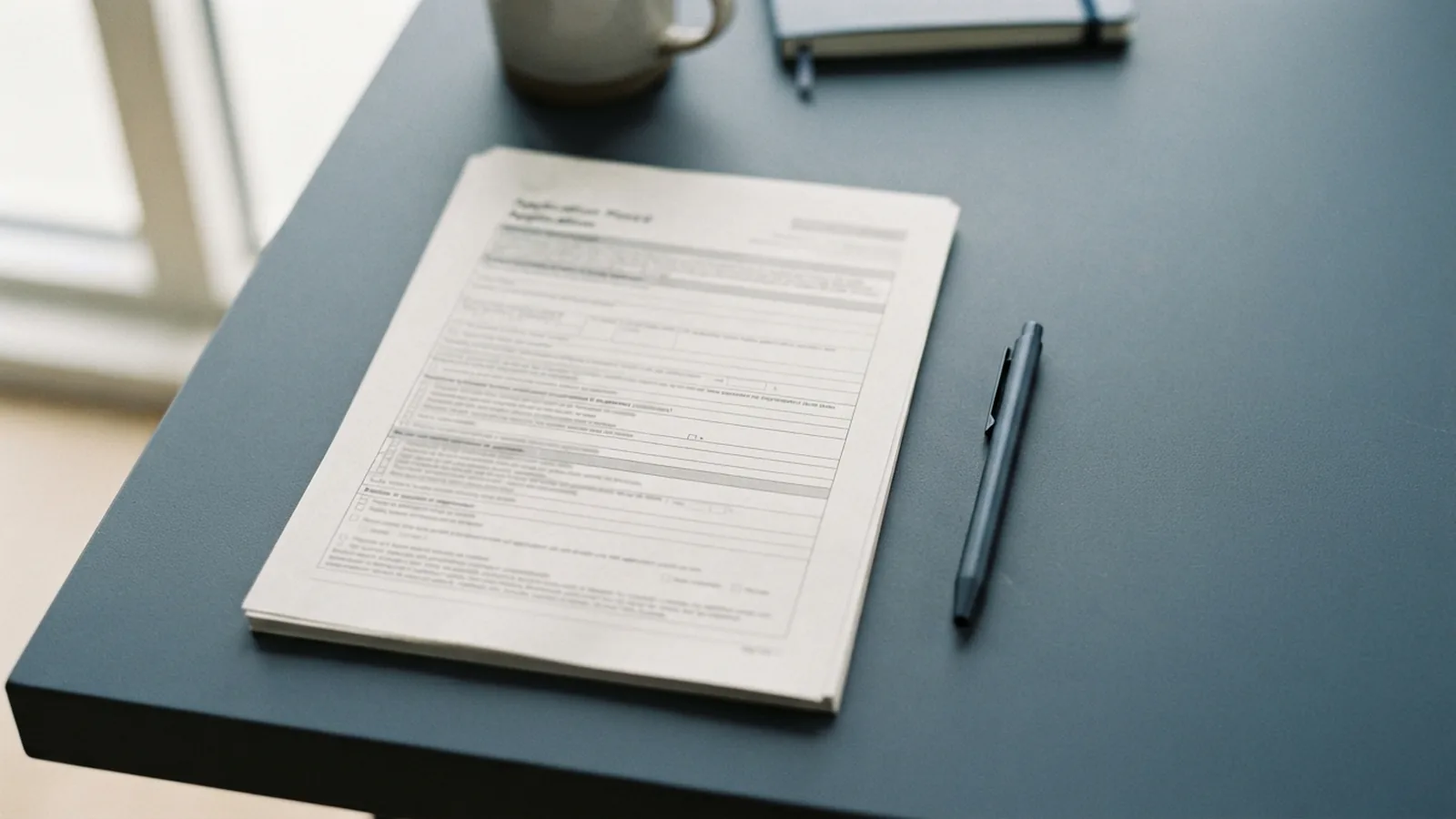 Residency application papers squared up beside a slim pen on a desk