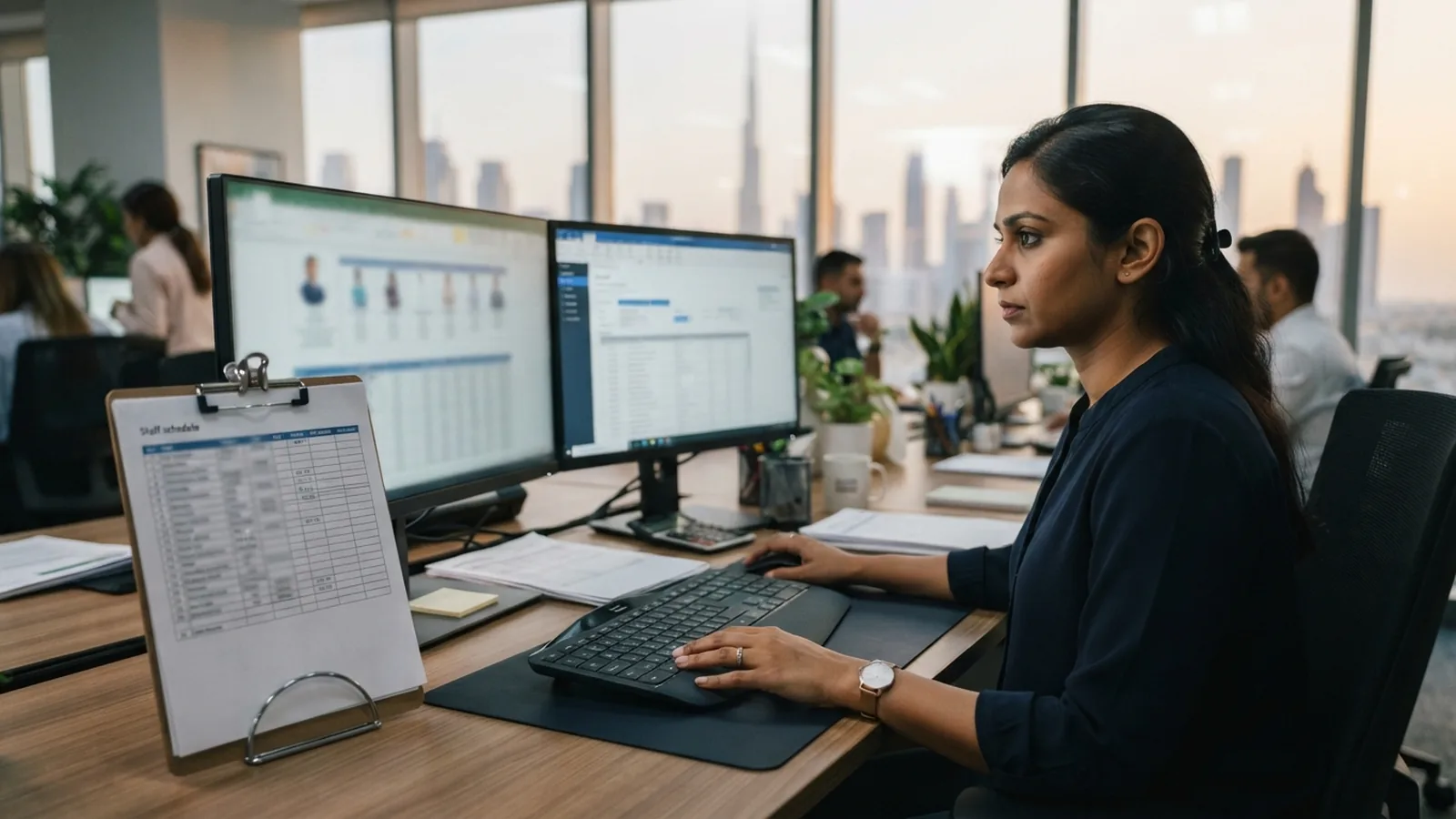 Payroll officer preparing a salary file on a computer in a Dubai office