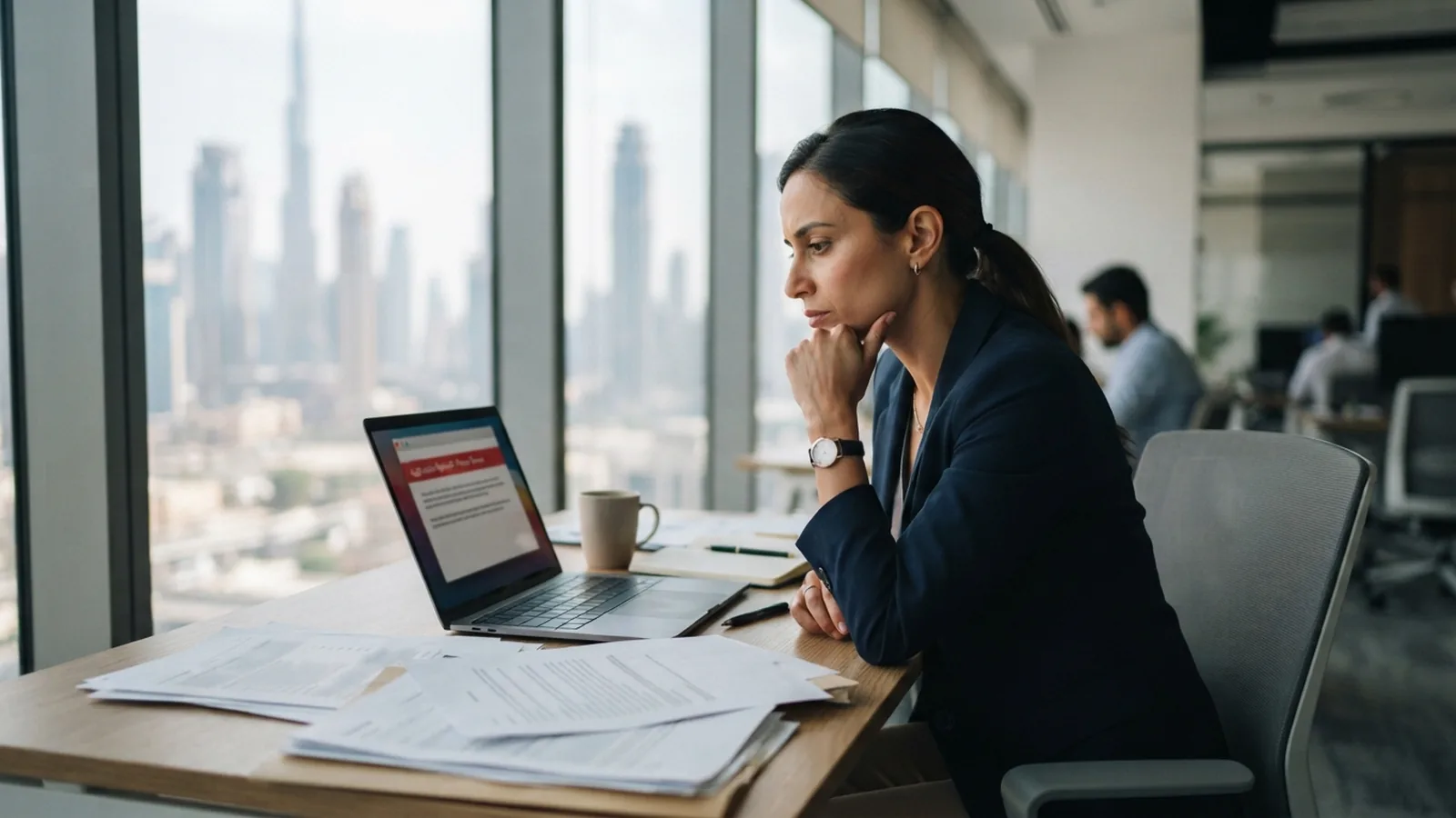 Manager reviewing a rejected work permit notification on a laptop