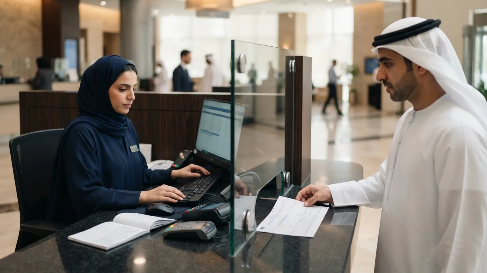 Exchange house counter in Dubai processing a corporate salary transfer