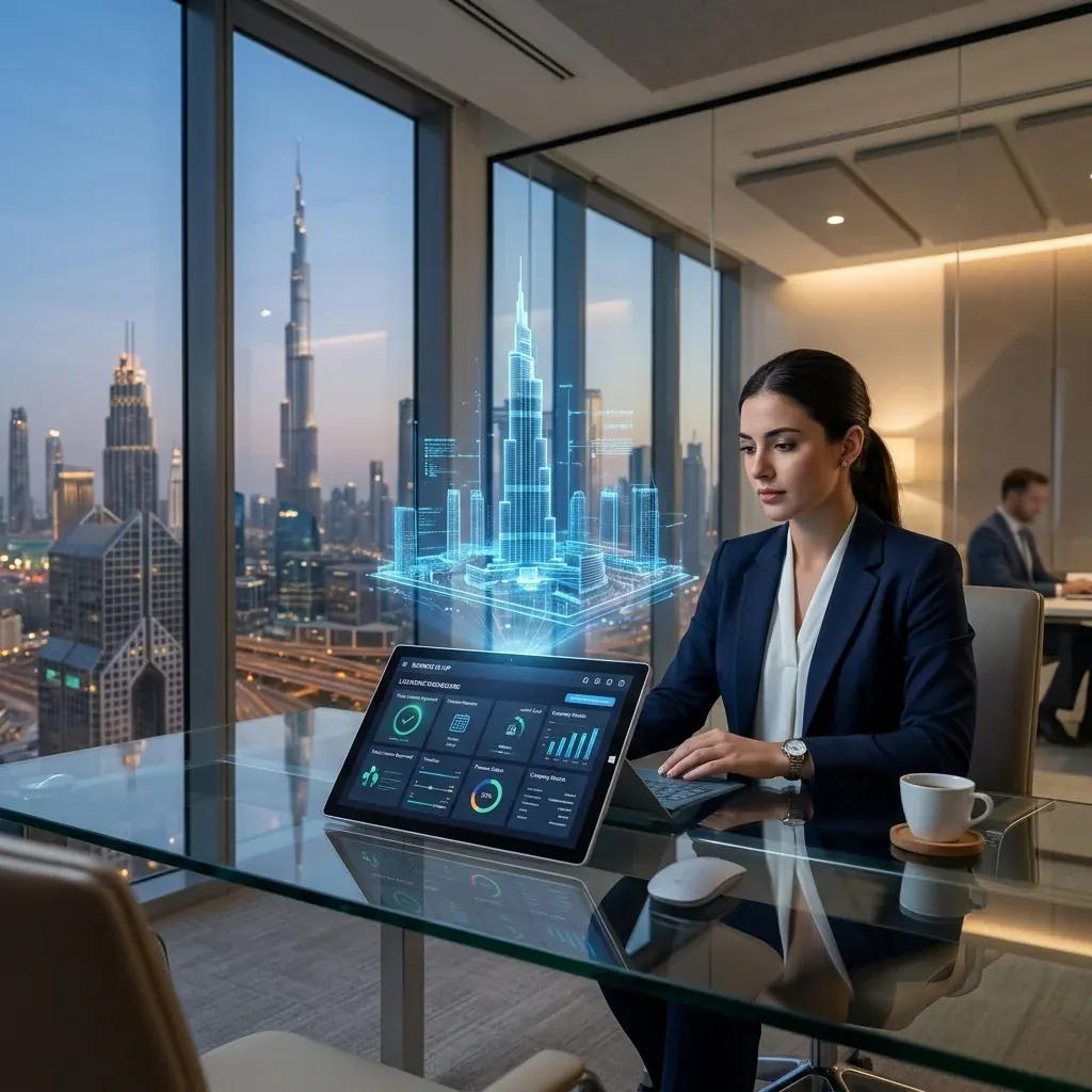 Consultant reviewing Dubai trade licence paperwork with a client at an office desk
