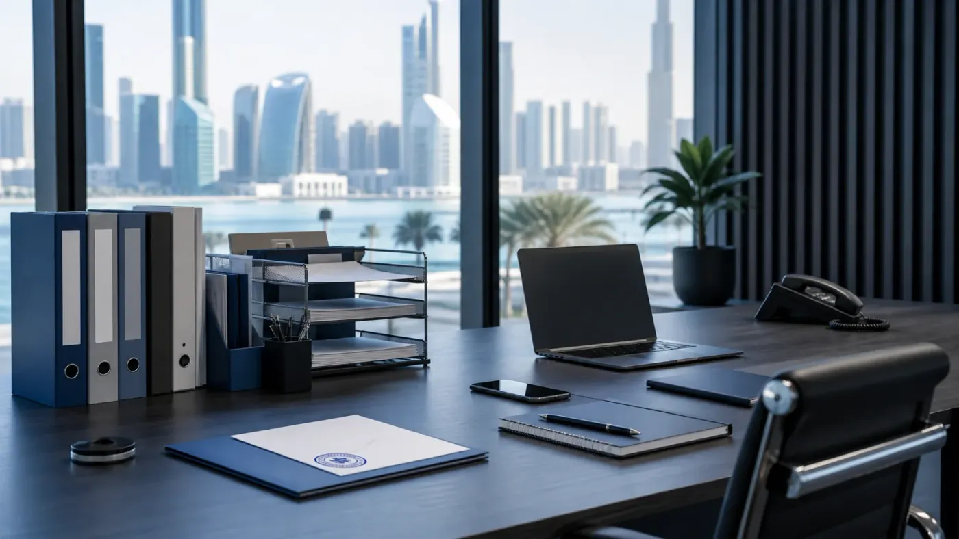 Document clearing operations desk with UAE paperwork
